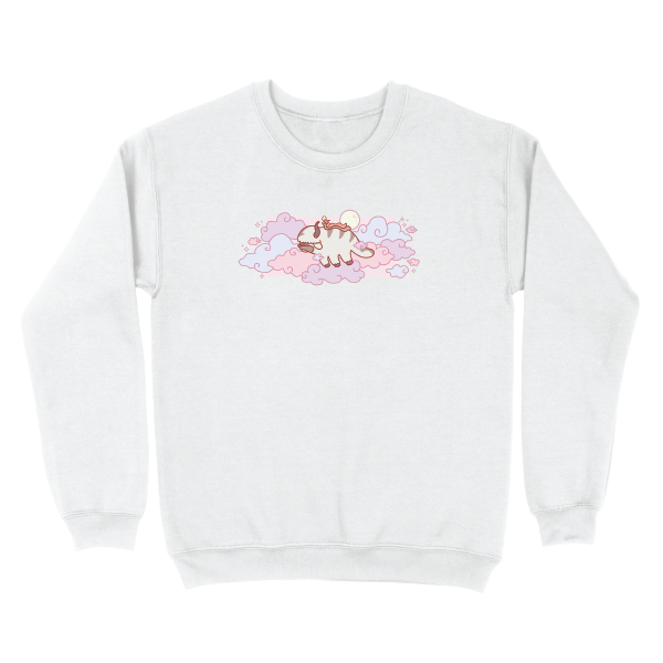 8 clouds with color variation of light blue, light pink and purple . Appa is located in the middle with aang on top. With a small moon adjacent to appa. Small stars around the design to bring it together.
